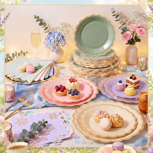 Zhehao 150 Pcs Pink Green Purple Paper Plates Napkins Serves 50 - Image 2