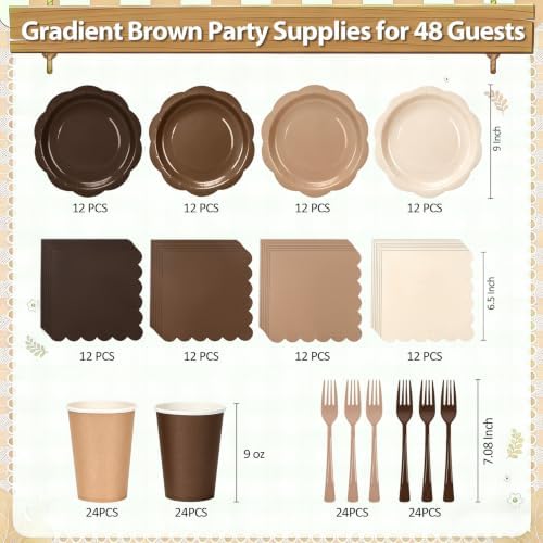 192Pcs Brown Plates and Napkins Party Supplies, Disposable 9’’ Scalloped Khaki Paper Plates Cups Napkins Forks, Gradient Party Decorations for Birthday, Baby Shower, Bridal Shower, Fall, Serves 48 - Image 2
