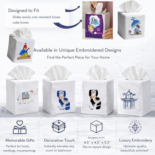 Jacaranda Living Square Tissue Box Cover, Linen/Cotton Tissue Holder, Decorative Cloth Tissue Cover, Fits Standard Square Tissue Boxes, Embroidered Animal Designs, Charming Elephant (Blue) - Image 2