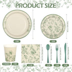 Kochorie 400 Pieces Sage Green Disposable Tableware Sets, Green and White Flower Party Supplies Set with Plates Cups Napkins Cutlery Serves 50 for Wedding Birthday Bridal Shower Party Decorations - Image 2