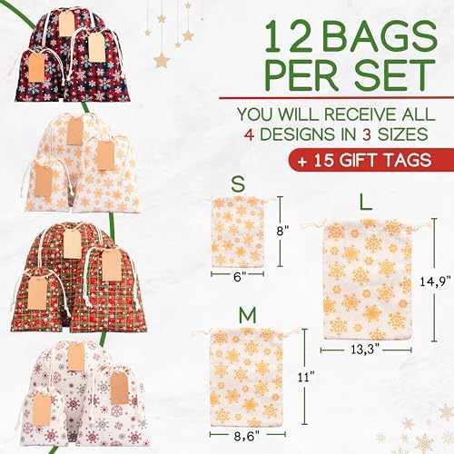 12 Pack Reusable Christmas gift bags with 15 gift tags. Gift sacks. Fabric drawstring holiday gift bags in assorted sizes. Xmas bags for presents, parties & stocking stuffers. (CE3) - Image 4