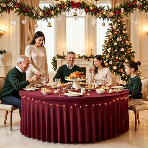 Burgundy Round Spandex Tablecloth, 5FT Stretchy Table Cloth with Skirt, 4PCS Washable Fitted Tablecloth, Circle Wrinkle Free Table Cover for Wedding Party Dining - Image 2