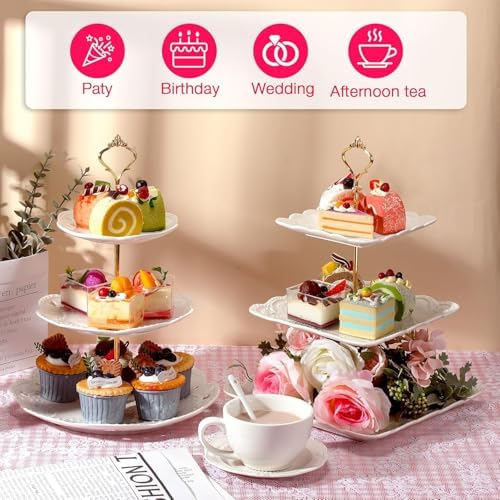 ONEUSTAR Porcelain 3 Tier Dessert Stand Square Embossed Serving Tray, White - Image 4