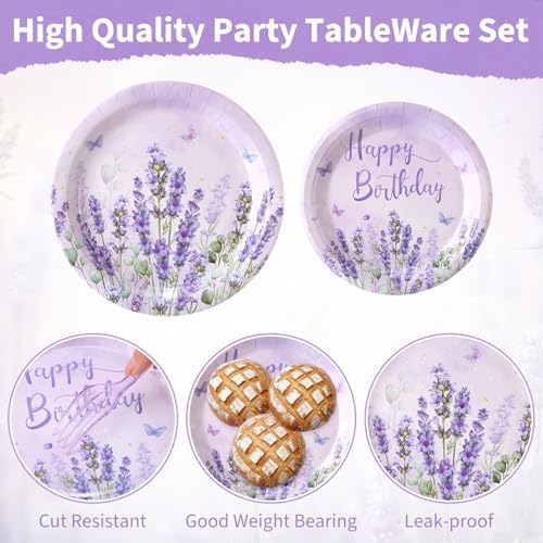 400 Pcs Purple Lavender Birthday Decorations for 50 Guests, Lavender Floral Butterfly Paper Plates Napkins and Cups Set with Cutlery, Lilac Tableware for Spring Birthday Party Supplies - Image 3