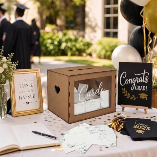 Large Wooden Wedding Card Box for Grad Party Reception Table with 50 Cards - Image 4