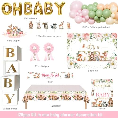 Hombae Woodland Baby Shower Decorations Girl, 128 PCs - Forest Animals Baby Shower Party Supplies with Its a Girl Backdrop, Balloon Garland, Boxes, Tablecloth, Cake Topper, Sash, Pins - Image 2