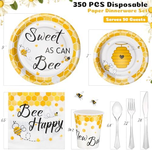 FillTouch 350 Pcs Bee Party Tableware for 50 Guests Baby Shower Bee Paper Plates Disposable Napkins Cups Plastic Knives Fork Spoon for Birthday Wedding - Image 2
