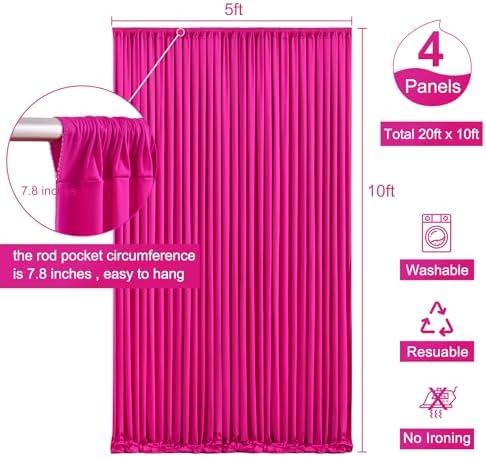 4 Panels Fuchsia Backdrop Curtain for Parties Birthday Party Wrinkle Free Hot Pink Photo Curtains Backdrop Drapes Fabric Decoration for Wedding 20ft(W) x 10ft(H) - Image 5