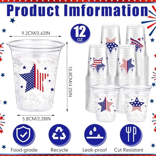 100 Pcs Patriotic Plastic Cups 12 oz, Red Blue & White Tableware - Image 2
