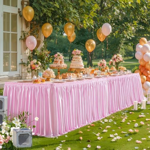 Wish Care 21ft Pink Satin Long Table Skirt for Rectangle Tables Wrinkle Free Teacher Desk Skirt Glitter Ruffle Table Skirting Cloth for Back to School Classroom Office Girls Birthday Party Table Decor by WishCare