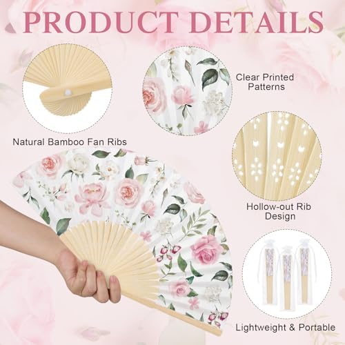 25 Pcs Pink Floral Folding Hand Fan Bulk with Organza Bags - Image 3