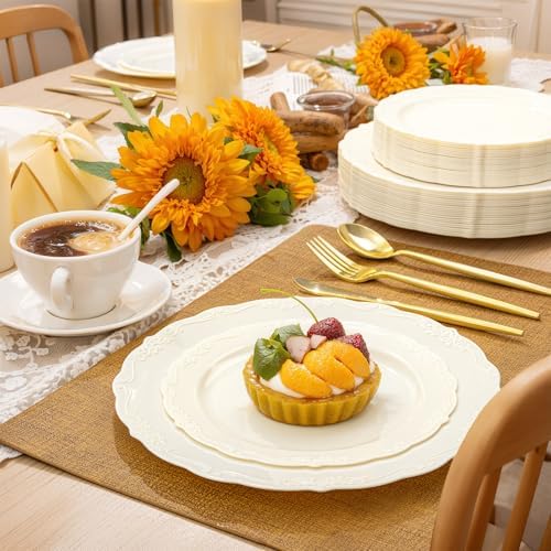 U-QE 100 Pcs Ivory Plastic Plates for Party - Ivory Disposable Plates - Image 3