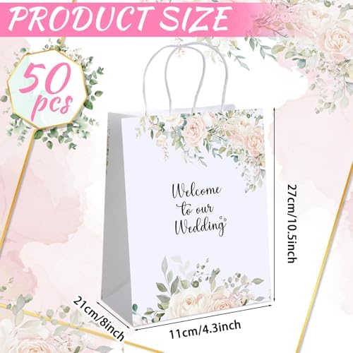 Kolldenn 50 Pcs Welcome Bags for Wedding Guests with Handles, Pink, Roses - Image 2