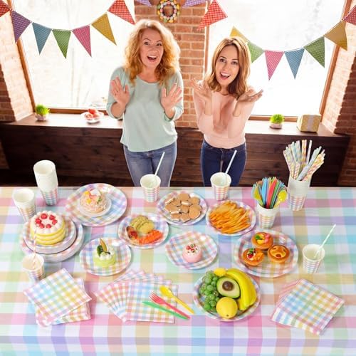 Funnymoom 452 Pcs Pastel Easter Party Decoration for 50, Spring Easter Paper Plates Napkins Cups Tablecloth Cutlery Straws Rainbow Pastel Gingham Plaid Tableware for Spring Birthday Party Supplies - Image 5