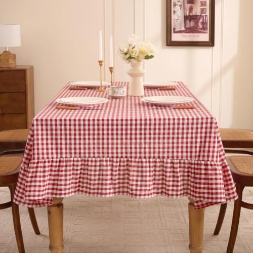 Romanstile Gingham Ruffled Tablecloth Rectangle, 60 x 120 Inch, Red - Image 5