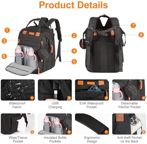 Diaper Bag Backpack with Changing Station, Black - Image 3