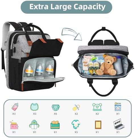 ISMGN Diaper Bag Backpack with Changing Station, Baby Diaper Bag，GreyBlack - Image 2