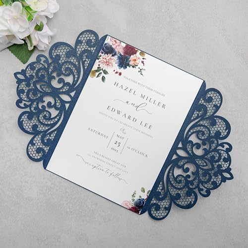 20Pcs Personalized Wedding Invitation, Customized Navy Blue Laser Cut Invitation Cards With Envelopes Rhinestone Pearls and Ribbons For Wedding XV Anos Quinceanera Invitation - Image 3