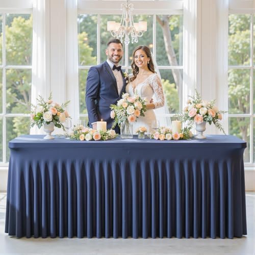 gogoparti 6 Pack Spandex Navy Blue Fitted Table Cloth for 8ft Rectangle Tables Navy Blue Stretch Tablecloth Banquet Table Covers Skirt Wrinkle Free Tablecloths for Parties Wedding - Image 3