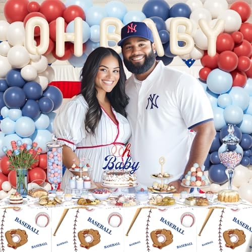 Baseball Baby Shower Decorations – 102 PCs A Little Slugger Is On The Way Backdrop, Balloon Garland Cake Topper Boxes Tablecloth Baseball Sash for Boy Baby Shower Party - Image 4