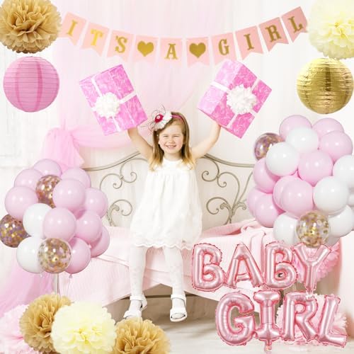 Baby Shower Decorations for Girl - Pink Gender Reveal Party Favors with Fringe Curtain,Its a Girl Banner, Baby Girl Letter,Tissue Paper Pom Poms, Pink Gold Confetti Balloons, Paper Lanterns - Image 4