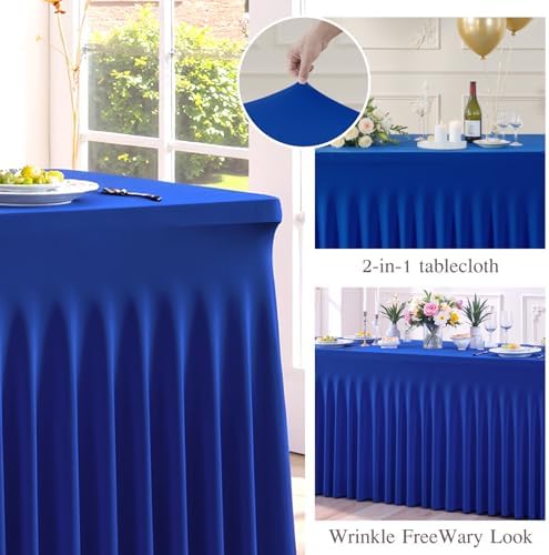 Royal Blue Table Cloth for 6 Foot Rectangle Tables Fitted Stretch Spandex Table Cover with Skirt 6ft Baby Shower Birthday Party Banquet Ruffle Tablecloth Wedding Table Cloths Desk Skirt, 2 Pack - Image 4
