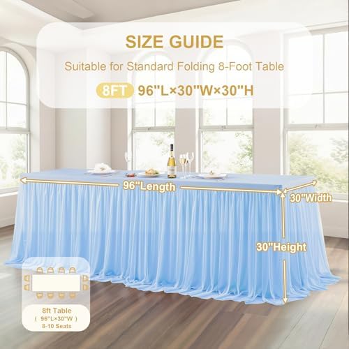 Wish Care 4 Pack Baby Blue Tulle Table Cloth for 8 Foot Rectangle Tables Wrinkle Free Stretch 8ft Light Blue Tablecloths Tutu Skirt Ruffle Fitted Table Cover for Birthday Baby Shower Party Tablecloth - Image 3