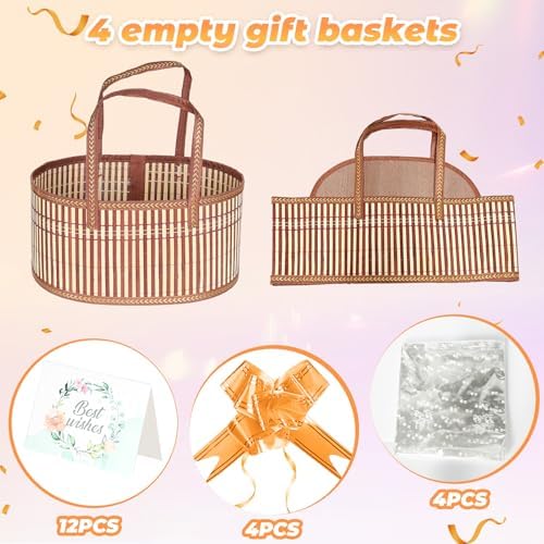 LuxDuo Father's Day 4 Set Foldable Baskets for Gifts Empty, Large Reusable Woven Bamboo Gift Basket Kit with Handle Wrap Bag Gold Bow for Mother's Day Baby Shower Birthday Wrapping, 12 Gift Cards - Image 2