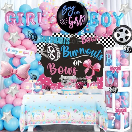 Burnouts or Bows Gender Reveal Decorations, Baby Boy or Girl Gender Reveal Party Decorations, What Will the Baby Be Backdrop Balloon Banner Tablecloth Cake Cupcake Topper Box Sash Pink Blue by Fiesec