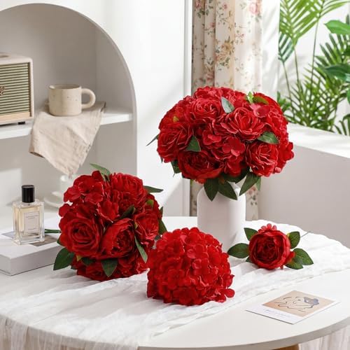 Suncalla 60 Pcs Assorted Silk Artificial Flowers, Faux Fake Full Hydrangea Peony Rose Bouquet with Leaf Stem for Wedding Centerpiece Bridal DIY Craft Baby Shower Party Decor(Red) - Image 3