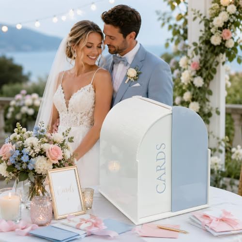 White Arched Wedding Card Box with Blue Standee & Erasable Pen for Party - Image 7