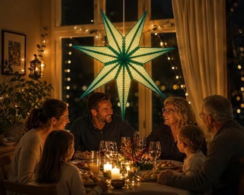 GalaxyArts 7-Point Paper Star Lantern - Striped Cutout Hanging Light Decoration - Foldable Star Lamp Shade for Home, Party, Christmas, Wedding Décor - Indoor/Outdoor Hanging Star(Turquoise) - Image 6