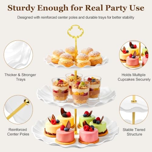 Lzerking Dessert Table Display Set 13PCS, 3-Tier Cupcake Stand Set with Metal Gold Rods, 3 Round & 3 Square Dessert Stands, 4 Serving Trays & 3 Tongs for Wedding Birthday Baby Shower Party Decor - Image 5