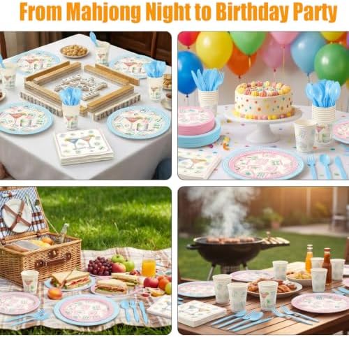 350 Pcs Mahjong Paper Plates and Napkins Set for 50 Guests - Disposable Tableware with Cups Forks Knives Spoons, Mahjong Themed Party Supplies for Game Night Birthday Decorations - Image 2