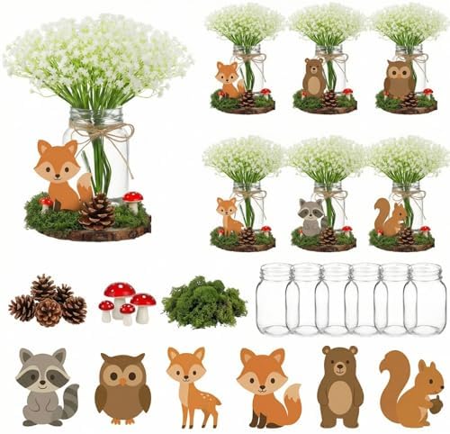 43 Pcs Woodland Animals Centerpieces Forest Animals Tabletop Centerpiece for Baby Shower Jungle Birthday Party Decor Kit with Mason Jar Babysbreath Animal Cutouts Wood Rounds Pine Cones Moss by FineCheer