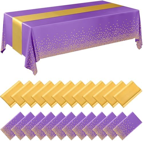 Breling 24 Pack Purple and Gold Disposable Tablecloths and Table Runner Set by Breling