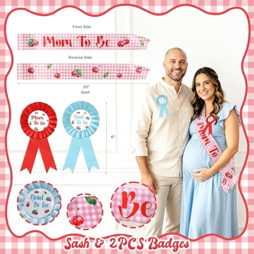 Costova Cherry Baby Shower Decoration, She’s the Cherry On Top Party Supplies with Balloon Boxes Cherries Backdrop Tablecloth Cake Cupcake Topper Poster Badges Sash - Image 4