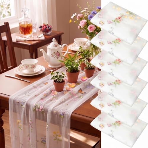 Lounsweer Apricot Wildflower Table Runner 10ft Embroidery Tulle by Lounsweer