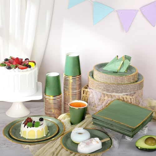 Dandat 200 Pcs Sage Green Paper Plates and Napkins Set, Gold Rim - Image 4
