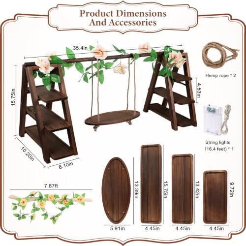 Wooden 3 Tier Cupcake Stand with Swing, String Lights, Rose Vine Decor - Image 2