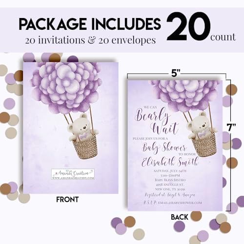 Amanda Creation Teddy Bear Baby Shower Invitations, 20 Personalized 5x7 Custom Baby Shower Invitations with Envelopes, Purple Bear Balloon Design - Image 4