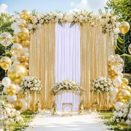 Wedding Backdrop Curtain 10ftx10ft - Gold Sequin and White Satin Drapes - Image 2