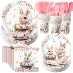 400 Pcs Bunny Birthday Party Decorations for 50 Guests, Pink Floral Bunny Paper Plates and Napkins Cups Cutlery Rabbit Disposable Tableware Set for Spring Baby Shower Birthday Supplies by Sunnychicc