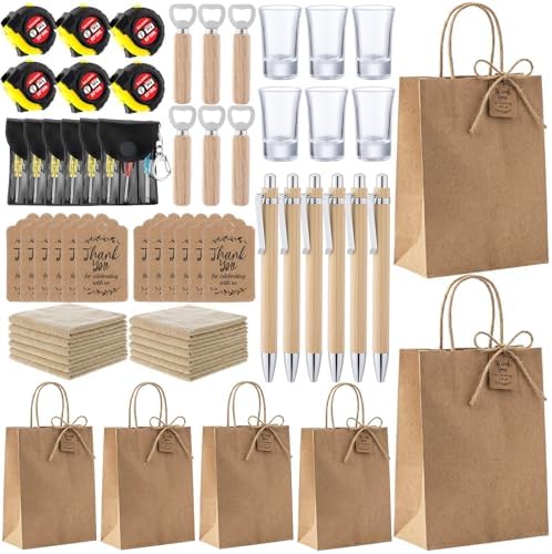Leinuosen 6 Set Kraft Baby Shower Game Prizes for Men Baby Shower Guest Gifts for Winners with Cleaning Cloth Bottle Opener Screwdriver Tape Measuring Keychain Multi Tool Pen Kraft Gift Bags by Leinuosen