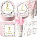 Ceenna 452 Pcs First Communion Party Decoration Girl for 50, Pink Baptism Paper Plate Napkin Cup Tablecloth Cutlery Straw God Bless Disposable Tableware for Christening Religious Baby Shower Supplies by Ceenna