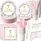 Ceenna 452 Pcs First Communion Party Decoration Girl for 50, Pink Baptism Paper Plate Napkin Cup Tablecloth Cutlery Straw God Bless Disposable Tableware for Christening Religious Baby Shower Supplies by Ceenna