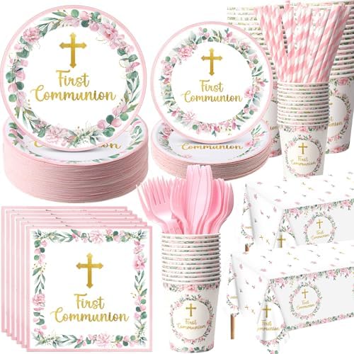 Ceenna 452 Pcs First Communion Party Decoration Girl for 50, Pink Baptism Paper Plate Napkin Cup Tablecloth Cutlery Straw God Bless Disposable Tableware for Christening Religious Baby Shower Supplies by Ceenna