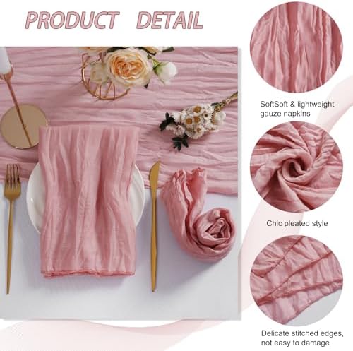 LZY 60 Pack Gauze Cheesecloth Napkins 20x20 Inch Dinner Cloth Napkins, Soft Boho Table Napkins Rustic Wrinkled Cheese Cloth Napkins Bulk for Wedding Party Baby Shower Event Decor (Dusty Pink) - Image 4