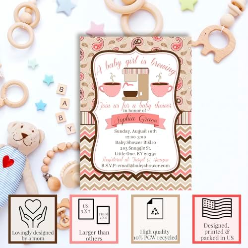 Amanda Creation 20 Custom Baby Shower Invitations with Envelopes – Personalized A Baby is Brewing Coffee Bean Themed Invite Set for Baby Girl, 5x7 Custom Cards, Made in USA - Image 2