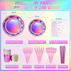 Iridescent Pink Party Supplies Decorations Serve100, Hot Pink Holographic Paper Plates and Napkins Set, Disposable Pink Paper Plates Cups Knives Spoons Fork for Mermaid Disco Kpop Birthday Party Decor - Image 2